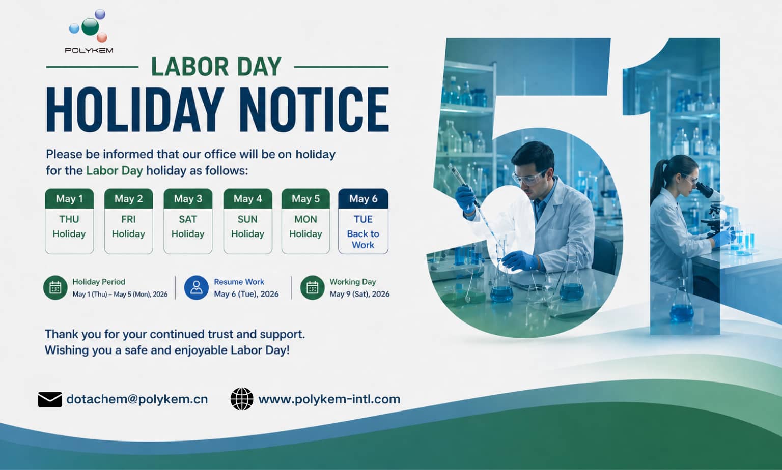 Nhắc nhở sắp xếp kỳ nghỉ và lập kế hoạch đặt hàng cho Ngày lễ Lao động Polykem